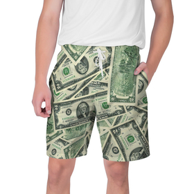 Мужские шорты 3D с принтом Доллар ,  полиэстер 100% | прямой крой, два кармана без застежек по бокам. Мягкая трикотажная резинка на поясе, внутри которой широкие завязки. Длина чуть выше колен | 100 долларов | арт | банкноты | валюта | деньги | доллар | зеленый | рисунок | сто | сто долларов