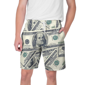 Мужские шорты 3D с принтом Доллары ,  полиэстер 100% | прямой крой, два кармана без застежек по бокам. Мягкая трикотажная резинка на поясе, внутри которой широкие завязки. Длина чуть выше колен | 100 долларов | арт | банкноты | валюта | деньги | доллары | зеленый | зелень | сто | сто долларов