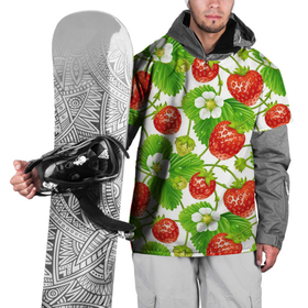 Накидка на куртку 3D с принтом Земляника в Кировске, 100% полиэстер |  | арт | белые цветы | белый | белый цветок | зеленый | земляника | клубника | красный | лесная ягода | лесные ягоды | листва | листья | растение | рисунок | цветок | цветы