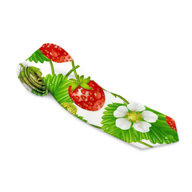 Галстук 3D с принтом Земляника , 100% полиэстер | Длина 148 см; Плотность 150-180 г/м2 | Тематика изображения на принте: арт | белые цветы | белый | белый цветок | зеленый | земляника | клубника | красный | лесная ягода | лесные ягоды | листва | листья | растение | рисунок | цветок | цветы