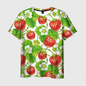 Мужская футболка 3D с принтом Земляника в Петрозаводске, 100% полиэфир | прямой крой, круглый вырез горловины, длина до линии бедер | арт | белые цветы | белый | белый цветок | зеленый | земляника | клубника | красный | лесная ягода | лесные ягоды | листва | листья | растение | рисунок | цветок | цветы