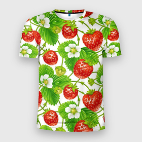 Мужская футболка 3D спортивная с принтом Земляника , 100% полиэстер с улучшенными характеристиками | приталенный силуэт, круглая горловина, широкие плечи, сужается к линии бедра | арт | белые цветы | белый | белый цветок | зеленый | земляника | клубника | красный | лесная ягода | лесные ягоды | листва | листья | растение | рисунок | цветок | цветы