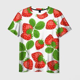Мужская футболка 3D с принтом Клубника в Санкт-Петербурге, 100% полиэфир | прямой крой, круглый вырез горловины, длина до линии бедер | арт | белый | зеленый | клубника | красный | листва | листья | растение | рисунок | ягоды