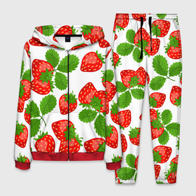 Мужской костюм 3D с принтом Клубника в Екатеринбурге, 100% полиэстер | Манжеты и пояс оформлены тканевой резинкой, двухслойный капюшон со шнурком для регулировки, карманы спереди | арт | белый | зеленый | клубника | красный | листва | листья | растение | рисунок | ягоды