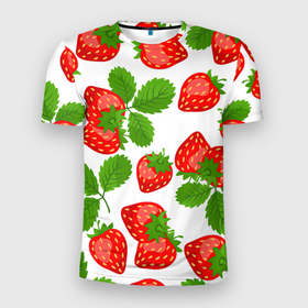 Мужская футболка 3D спортивная с принтом Клубника в Белгороде, 100% полиэстер с улучшенными характеристиками | приталенный силуэт, круглая горловина, широкие плечи, сужается к линии бедра | арт | белый | зеленый | клубника | красный | листва | листья | растение | рисунок | ягоды