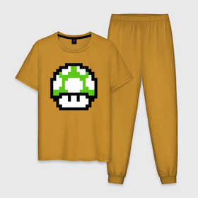 Мужская пижама хлопок с принтом Гриб Марио в Кировске, 100% хлопок | брюки и футболка прямого кроя, без карманов, на брюках мягкая резинка на поясе и по низу штанин
 | Тематика изображения на принте: 8 bit | 8 бит | 8bit | 8бит | art | dendy | mario | mushroom | pixel | super | арт | гриб | денди | марио | пиксель | супер