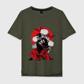 Мужская футболка хлопок Oversize с принтом Самурай в Санкт-Петербурге, 100% хлопок | свободный крой, круглый ворот, “спинка” длиннее передней части | азия | аниме | катана | кимоно | китай | манга | меч | мечник | самурай | цветы | япония
