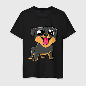 Мужская футболка хлопок с принтом Ротвейлер в Белгороде, 100% хлопок | прямой крой, круглый вырез горловины, длина до линии бедер, слегка спущенное плечо. | dog | rotweiler | зубы | лапы | мем | пес | прикол | ротвейлер | смешные животные | собака | собака с языком | собачка | щенок | юмор | язык