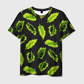 Мужская футболка 3D с принтом Зеленые листья , 100% полиэфир | прямой крой, круглый вырез горловины, длина до линии бедер | defoliation | foliage | leaves | retro | зеленые листья | зелень | лето | листопад | листья | листья деревьев | ночь | паттерн | ретро