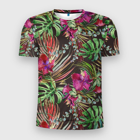Мужская футболка 3D Slim с принтом Тропики в Белгороде, 100% полиэстер с улучшенными характеристиками | приталенный силуэт, круглая горловина, широкие плечи, сужается к линии бедра | life | абстракция | джунгли | летняя | лето | линия | нейтральная | стайл | стиль | текстуры | тропики | узоры | цветочный | цветы