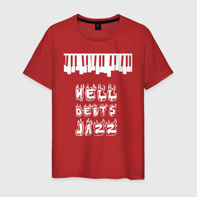 Мужская футболка хлопок с принтом Hell Debts Jazz (черный фон) в Тюмени, 100% хлопок | прямой крой, круглый вырез горловины, длина до линии бедер, слегка спущенное плечо. | Тематика изображения на принте: jazz | music | piano | джаз | музыка | пианино