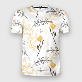 Мужская футболка 3D Slim с принтом Рисованные Цветы в Санкт-Петербурге, 100% полиэстер с улучшенными характеристиками | приталенный силуэт, круглая горловина, широкие плечи, сужается к линии бедра | минимализм | растение | рисунок | розы | цветы