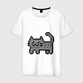 Мужская футболка хлопок с принтом Пиксельный кот в Тюмени, 100% хлопок | прямой крой, круглый вырез горловины, длина до линии бедер, слегка спущенное плечо. | cats | pixelart | коты | пиксельарт