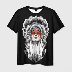 Мужская футболка 3D с принтом Женщина индеец в Тюмени, 100% полиэфир | прямой крой, круглый вырез горловины, длина до линии бедер | Тематика изображения на принте: девушка индеец | индеец | перья на голове | перья. | татуировки
