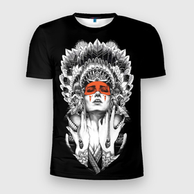 Мужская футболка 3D Slim с принтом Женщина индеец в Белгороде, 100% полиэстер с улучшенными характеристиками | приталенный силуэт, круглая горловина, широкие плечи, сужается к линии бедра | девушка индеец | индеец | перья на голове | перья. | татуировки