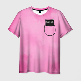 Мужская футболка 3D с принтом тетрадь в кармане розовый фон , 100% полиэфир | прямой крой, круглый вырез горловины, длина до линии бедер | Тематика изображения на принте: anime | death note | japan | manga | аниме | иероглифы | манга | япония