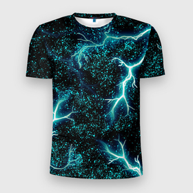 Мужская футболка 3D Slim с принтом Молния в Екатеринбурге, 100% полиэстер с улучшенными характеристиками | приталенный силуэт, круглая горловина, широкие плечи, сужается к линии бедра | абстракция | вселенная | звезда | звезды | земля | комета | космос | метеорит | молнии | молния | молния в космосе | планета