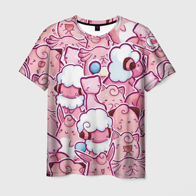 Мужская футболка 3D с принтом Розовое собрание в Тюмени, 100% полиэфир | прямой крой, круглый вырез горловины, длина до линии бедер | pokemon | pokemon go | арт | мью | мью ту | покемон | покемоны | рисунок | розовые покемоны | розовый покемон