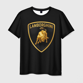 Мужская футболка 3D с принтом Lamborghini  , 100% полиэфир | прямой крой, круглый вырез горловины, длина до линии бедер | bull | gold lamborghini sign | lamborghini | lamborghini lettering | lamborghini print | lamborghini sign | бык | знак ламборджини | золотой знак ламборджини | ламборджини | надпись ламборджини | принт ламборджини