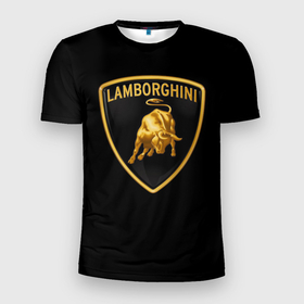 Мужская футболка 3D спортивная с принтом Lamborghini  в Новосибирске, 100% полиэстер с улучшенными характеристиками | приталенный силуэт, круглая горловина, широкие плечи, сужается к линии бедра | bull | gold lamborghini sign | lamborghini | lamborghini lettering | lamborghini print | lamborghini sign | бык | знак ламборджини | золотой знак ламборджини | ламборджини | надпись ламборджини | принт ламборджини