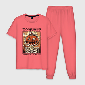 Мужская пижама хлопок с принтом Bonfires Burning Bright в Курске, 100% хлопок | брюки и футболка прямого кроя, без карманов, на брюках мягкая резинка на поясе и по низу штанин
 | cosplay | halloween | horror | party | pumpkin | retro | scary | skeleton | trick or threat | вечеринка | горит | горят | конфета или жизнь | косплей | костры | монстр | огонь | пламя | пожар | пылает | ретро | скелет | страшная | тыква | хорр