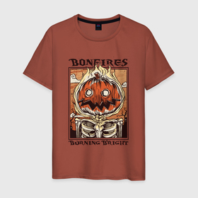 Мужская футболка хлопок с принтом Bonfires Burning Bright в Петрозаводске, 100% хлопок | прямой крой, круглый вырез горловины, длина до линии бедер, слегка спущенное плечо. | Тематика изображения на принте: cosplay | halloween | horror | party | pumpkin | retro | scary | skeleton | trick or threat | вечеринка | горит | горят | конфета или жизнь | косплей | костры | монстр | огонь | пламя | пожар | пылает | ретро | скелет | страшная | тыква | хорр