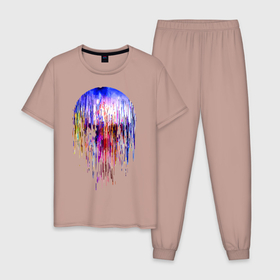 Мужская пижама хлопок с принтом Skull illusion , 100% хлопок | брюки и футболка прямого кроя, без карманов, на брюках мягкая резинка на поясе и по низу штанин
 | color | glitch | neon | paint | skull | vanguard | авангард | глитч | краска | неон | цвет | череп