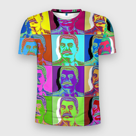 Мужская футболка 3D спортивная с принтом Stalin pop-art , 100% полиэстер с улучшенными характеристиками | приталенный силуэт, круглая горловина, широкие плечи, сужается к линии бедра | chief | color | eyes | moustache | pop art | stalin | view | взгляд | вождь | глаза | поп  арт | сталин | усы | цвет