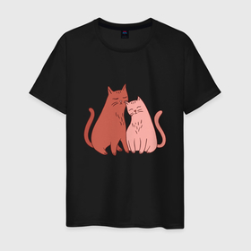 Мужская футболка хлопок с принтом Влюбленные котики в Новосибирске, 100% хлопок | прямой крой, круглый вырез горловины, длина до линии бедер, слегка спущенное плечо. | cat | kitten | kitty | love | love is | puss | pussycat | влюблены | киса | киска | кот | котенок | котик | коты | кошатник | кошатница | кошка | кошки | люблю его | люблю ее | люблю котов | любовь | молодоженам | он и она | пара