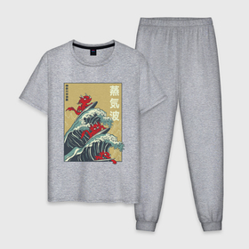 Мужская пижама хлопок с принтом Dragons Surfing в Белгороде, 100% хлопок | брюки и футболка прямого кроя, без карманов, на брюках мягкая резинка на поясе и по низу штанин
 | Тематика изображения на принте: big | great | hokusai | japan | japanese | kanagawa | kanji | retrowave | style | wave | большая | вапорвейв | великая | волна | дракон | дракончики | драконы | иероглифы | канагава | кандзи | паровая волна | ретровейв | серф | серфиг | стил