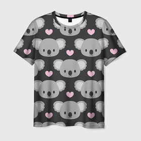 Мужская футболка 3D с принтом Мордочки коал в Курске, 100% полиэфир | прямой крой, круглый вырез горловины, длина до линии бедер | Тематика изображения на принте: арт | коал | коала | коалы | любовь | медведь | медвежонок | мордочка | мордочки | рисунок | сердечки | сердце | серый | тёмный | чёрный