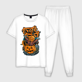 Мужская пижама хлопок с принтом Trick or treat. Хэллоуин в Екатеринбурге, 100% хлопок | брюки и футболка прямого кроя, без карманов, на брюках мягкая резинка на поясе и по низу штанин
 | halloween | helloween | trick or treat | монстры | приколы | тыква | ужасы | хеллоуин | хэллоуин
