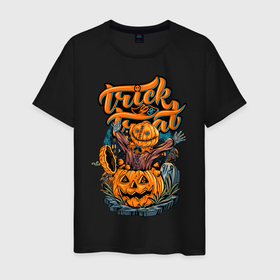 Мужская футболка хлопок с принтом Trick or treat. Хэллоуин в Кировске, 100% хлопок | прямой крой, круглый вырез горловины, длина до линии бедер, слегка спущенное плечо. | halloween | helloween | trick or treat | монстры | приколы | тыква | ужасы | хеллоуин | хэллоуин