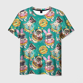 Мужская футболка 3D с принтом Мопсы в пончиках , 100% полиэфир | прямой крой, круглый вырез горловины, длина до линии бедер | абстракция | еда | летняя | линия | мопс | мопсы | пес | песик | пончики | сладости | собака | собачки | текстуры | узоры