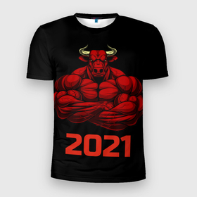 Мужская футболка 3D Slim с принтом Год быка в Тюмени, 100% полиэстер с улучшенными характеристиками | приталенный силуэт, круглая горловина, широкие плечи, сужается к линии бедра | бык | год быка | гороскоп | здоровый бык | красный бык | мускулы