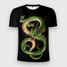 Мужская футболка 3D Slim с принтом Дракон в Тюмени, 100% полиэстер с улучшенными характеристиками | приталенный силуэт, круглая горловина, широкие плечи, сужается к линии бедра | дракон | драконы | зелёный дракон | летящий дракон | оскал дракона.
