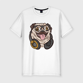Мужская футболка хлопок Slim с принтом Мопс Хипстер в Новосибирске, 92% хлопок, 8% лайкра | приталенный силуэт, круглый вырез ворота, длина до линии бедра, короткий рукав | chonk | chubby | dog | dogs | fat | funny | headphones | hipster | pug | pugs | в очках | забавный | любитель | люблю | мода | мопсик | мопсов | наушники | очки | песель | песик | прикол | пуг | пугель | смешной | стиль | толстый | хипстер | 