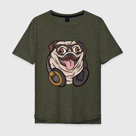 Мужская футболка хлопок Oversize с принтом Мопс Хипстер в Новосибирске, 100% хлопок | свободный крой, круглый ворот, “спинка” длиннее передней части | chonk | chubby | dog | dogs | fat | funny | headphones | hipster | pug | pugs | в очках | забавный | любитель | люблю | мода | мопсик | мопсов | наушники | очки | песель | песик | прикол | пуг | пугель | смешной | стиль | толстый | хипстер | 