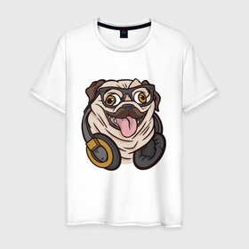 Мужская футболка хлопок с принтом Мопс Хипстер в Санкт-Петербурге, 100% хлопок | прямой крой, круглый вырез горловины, длина до линии бедер, слегка спущенное плечо. | chonk | chubby | dog | dogs | fat | funny | headphones | hipster | pug | pugs | в очках | забавный | любитель | люблю | мода | мопсик | мопсов | наушники | очки | песель | песик | прикол | пуг | пугель | смешной | стиль | толстый | хипстер | 