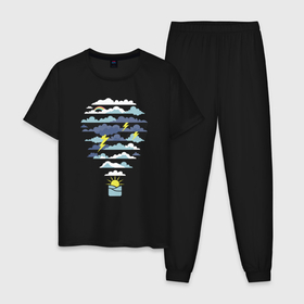 Мужская пижама хлопок с принтом Воздушный шарик и погода в Петрозаводске, 100% хлопок | брюки и футболка прямого кроя, без карманов, на брюках мягкая резинка на поясе и по низу штанин
 | aerostat | art | balloon | balloons | cloud | clouds | illustration | mountain | mountains | nature | ocean | rainbow | sea | storm | sun | weather | арт | воздух | горы | гроза | иллюстрация | море | океан | погода | радуга | сол