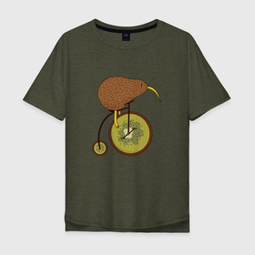 Мужская футболка хлопок Oversize с принтом Киви на велосипеде в Екатеринбурге, 100% хлопок | свободный крой, круглый ворот, “спинка” длиннее передней части | Тематика изображения на принте: bike | bird | birds | circus | cute | fruit | funny | kiwi | байк | берд | большое колесо | в разрезе | клюв | милая | милота | не достает до педалей | пополам | прикол | природа | птичка | с большим колесом | смешная | фрукт | 
