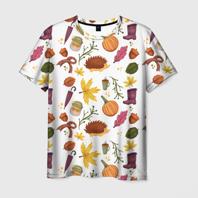Мужская футболка 3D с принтом Уют, ежи, листья и банка варенья в Белгороде, 100% полиэфир | прямой крой, круглый вырез горловины, длина до линии бедер | home | hygge | домашний | зонтик | малина | минимализм | осень | хюгге