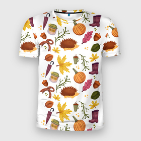 Мужская футболка 3D Slim с принтом Уют, ежи, листья и банка варенья в Белгороде, 100% полиэстер с улучшенными характеристиками | приталенный силуэт, круглая горловина, широкие плечи, сужается к линии бедра | home | hygge | домашний | зонтик | малина | минимализм | осень | хюгге
