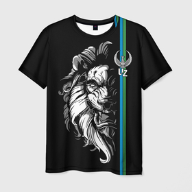 Мужская футболка 3D с принтом Узбекистан   суровый лев , 100% полиэфир | прямой крой, круглый вырез горловины, длина до линии бедер | eagle | evil | flag | golden | lion | republic | uzbekistan | злой | золотой | лев | орел | республика | узбекистан | узбекистон | флаг