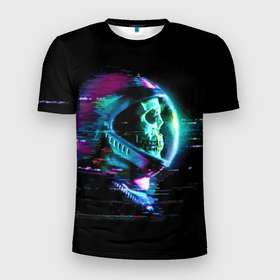 Мужская футболка 3D Slim с принтом Astronaut в Тюмени, 100% полиэстер с улучшенными характеристиками | приталенный силуэт, круглая горловина, широкие плечи, сужается к линии бедра | astronaut | cosmos | glitch | skull | space | spacesuit | глитч | космонавт | космос | пространство | скафандр | череп
