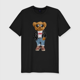 Мужская футболка хлопок Slim с принтом Медведь модный в Екатеринбурге, 92% хлопок, 8% лайкра | приталенный силуэт, круглый вырез ворота, длина до линии бедра, короткий рукав | арт | животные | картинка | медведь | медвежонок | мишка | мода | модные | про медвежонка | рисунок