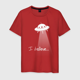 Мужская футболка хлопок с принтом I believe в Екатеринбурге, 100% хлопок | прямой крой, круглый вырез горловины, длина до линии бедер, слегка спущенное плечо. | aliens | believe | cosmos | space | ufo | вера | верю | инопланетяне | космос | летающая тарелка | нло | пришельцы