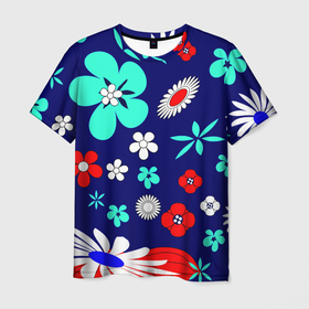 Мужская футболка 3D с принтом Lorri в Екатеринбурге, 100% полиэфир | прямой крой, круглый вырез горловины, длина до линии бедер | blue | flowers | leaves | patterns | summer | texture | летний | листки | синий | текстура | узоры | цветы