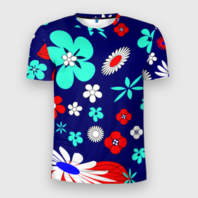 Мужская футболка 3D спортивная с принтом Lorri в Петрозаводске, 100% полиэстер с улучшенными характеристиками | приталенный силуэт, круглая горловина, широкие плечи, сужается к линии бедра | blue | flowers | leaves | patterns | summer | texture | летний | листки | синий | текстура | узоры | цветы