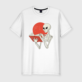 Мужская футболка хлопок Slim с принтом Читающий скелет в Новосибирске, 92% хлопок, 8% лайкра | приталенный силуэт, круглый вырез ворота, длина до линии бедра, короткий рукав | Тематика изображения на принте: book | dark | death | demon | grim | halloween | horror | reaper | side | skeleton | soul | souls | демон | душ | душа | жнец | книга | мертвых | мистика | мрачный | некрономикон | скелеты | собиратель | темный | ужасы | хоррор | хэлло